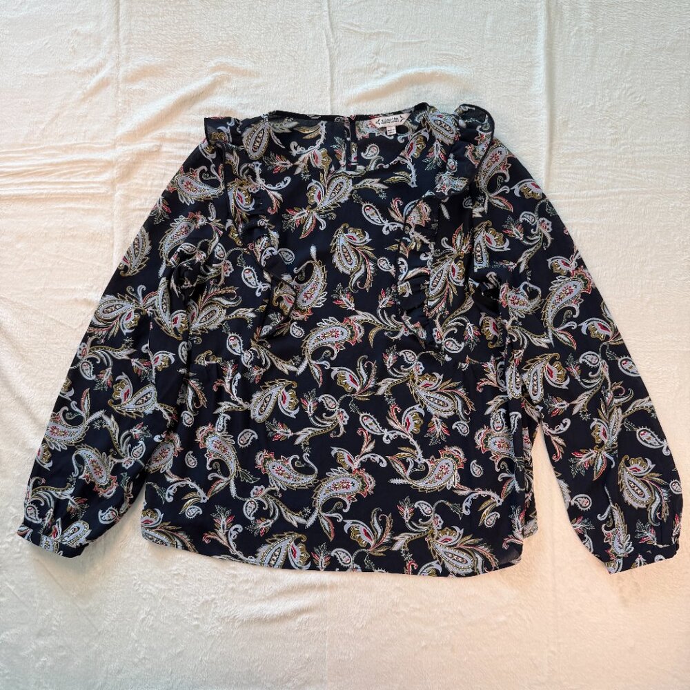 Nanette Lepore Womens Blouse Sz L Navy‎ Paisley Ruffle Long Sleeve Flowy Classic